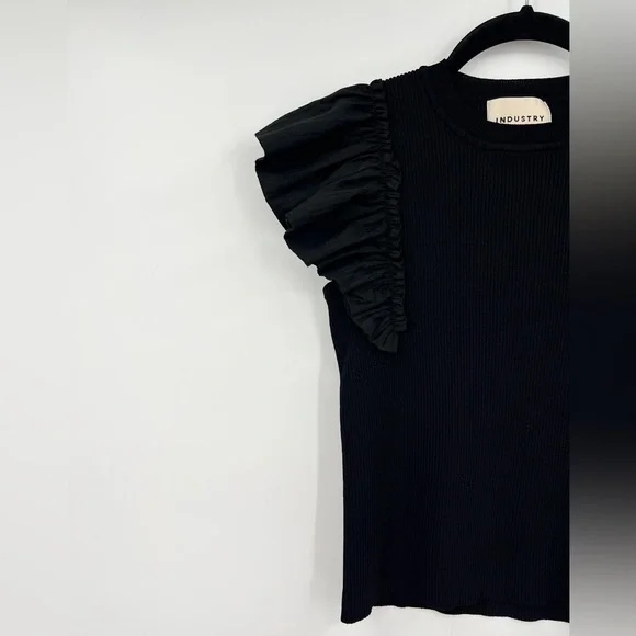 INDUSTRY Republic Clothing Ruffle Sleeve Top Crew Neck Solid Black Size Medium - Picture 3 of 10